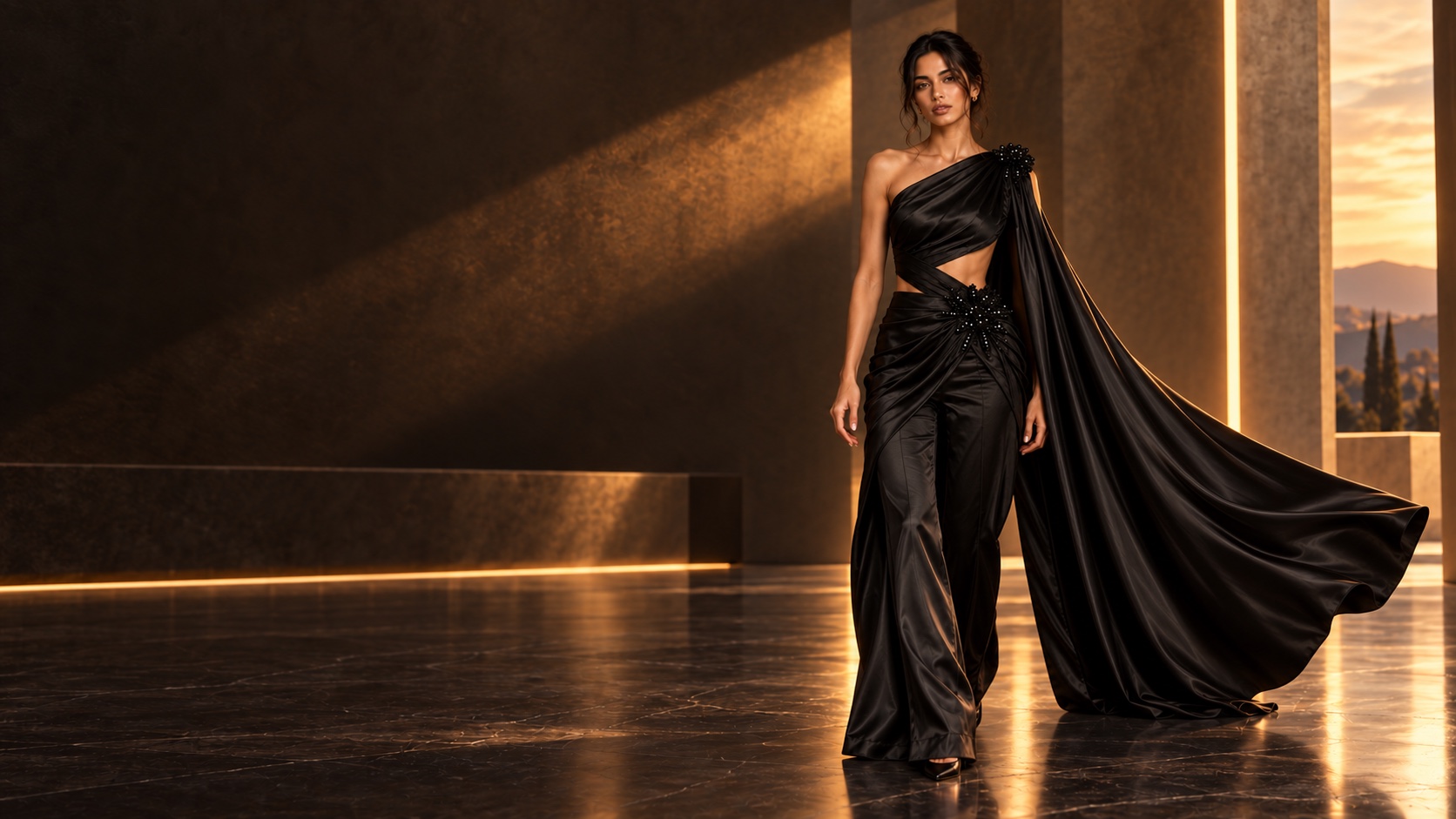 A model in the Noir Éclat one-shoulder satin jumpsuit and flowing cape, backlit by golden-hour light